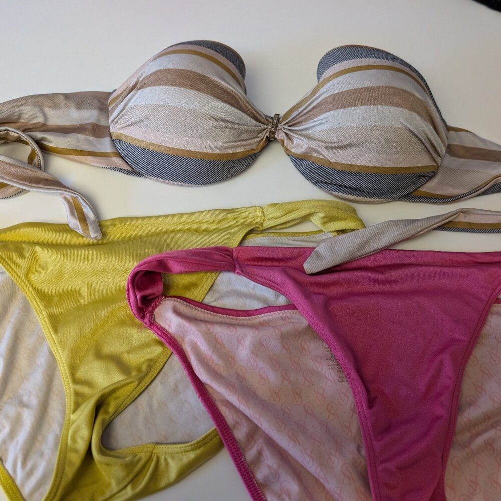 Victoria's Secret Tie Back Strapless Top (36D) with 2 Bikini Bottoms (L)